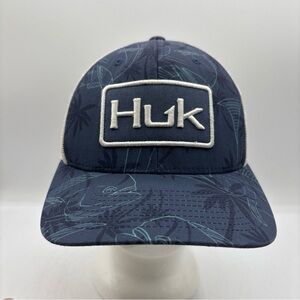 Huk Performance Head Wear Fishing Ocean Palm Blue Trucker Meshback SnapBack Hat